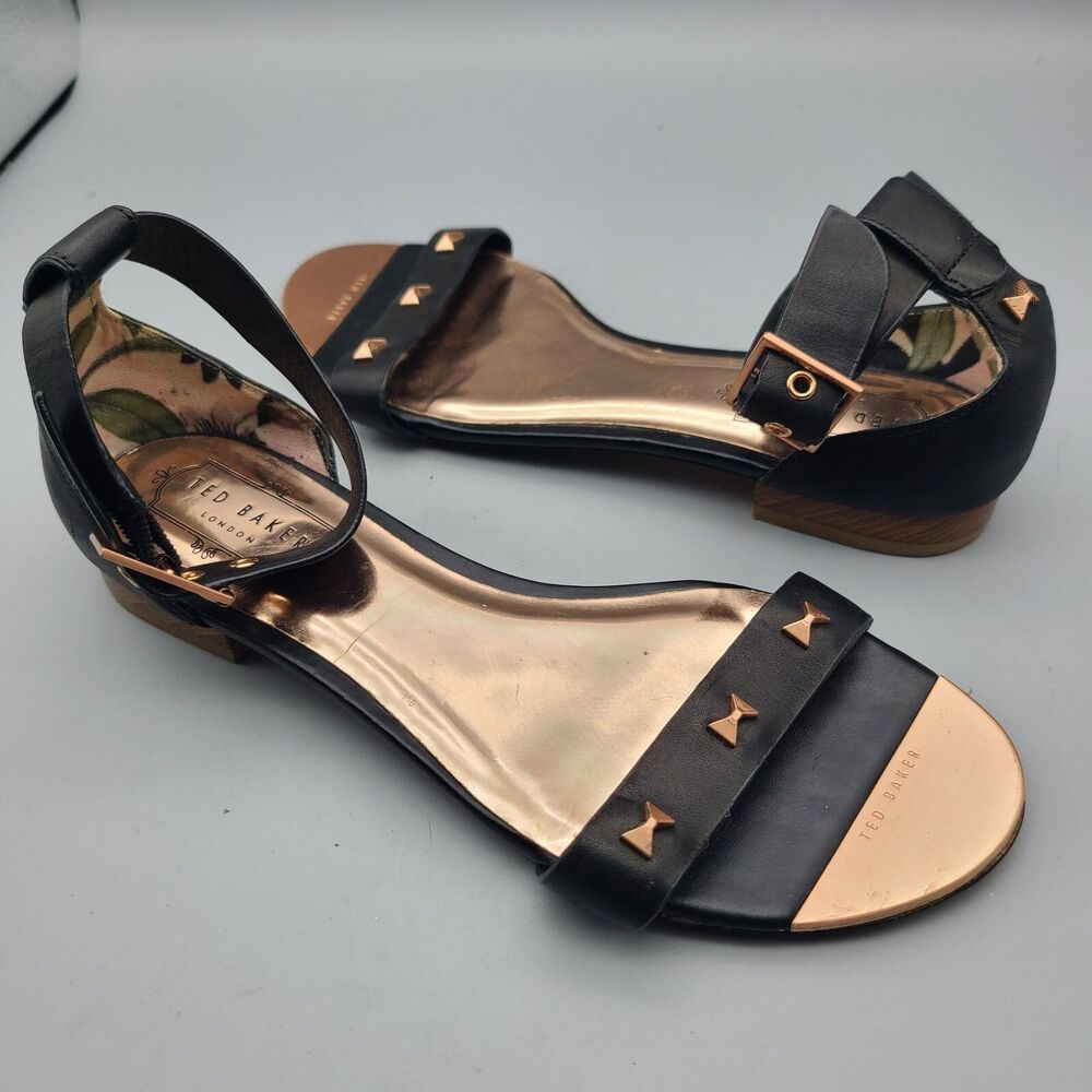 Ted Baker London sandals block heel flat black bronze metal ankle strap 6.5 37